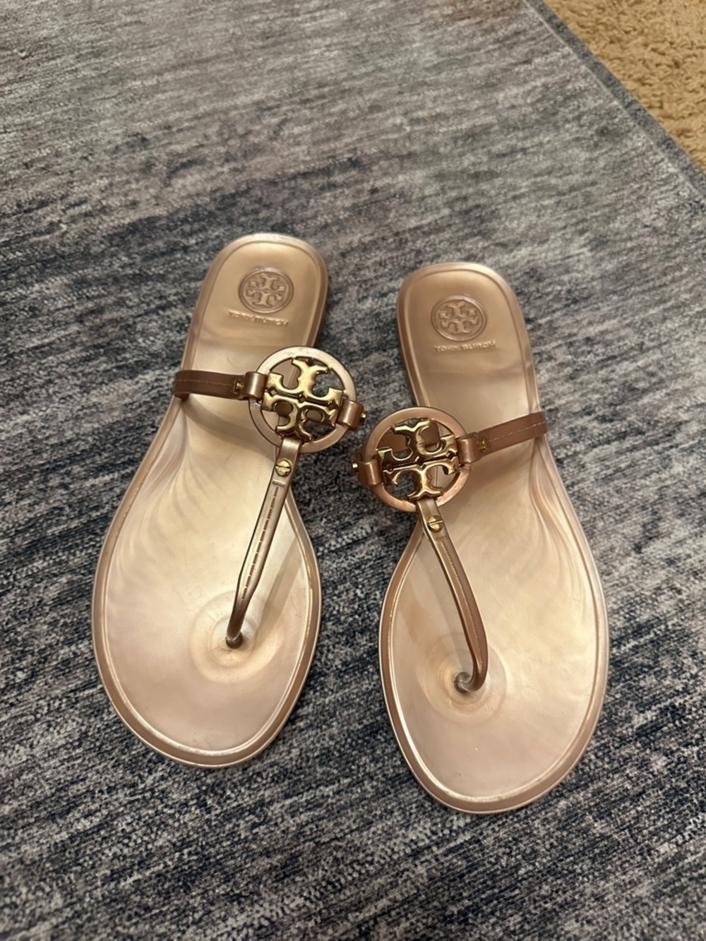 Tory Burch Rose Gold Logo Jelly Thong Sandals